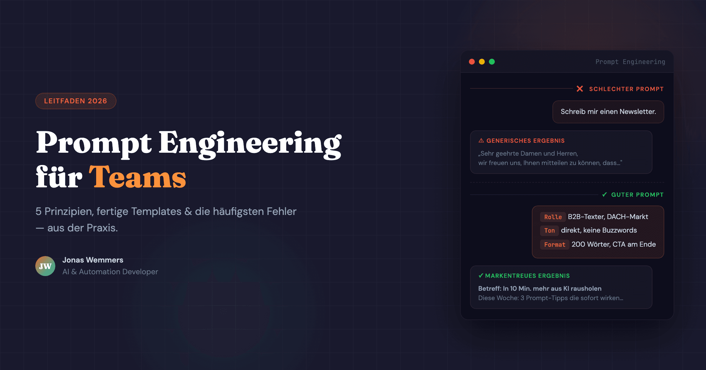 Chat-UI Mockup mit Prompt-Beispiel — Prompt Engineering für Teams Leitfaden 2026